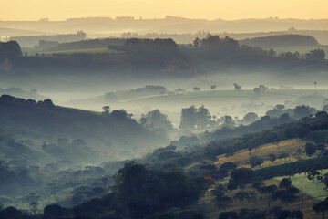 Early morning fog over valleys and mountains, Serra da Canastra, Minas Gerais state, Brazil