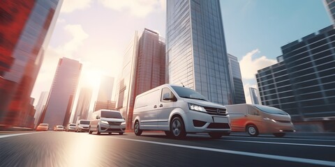 fast vans driving in the big, modern city. Delivery concept - 693103742