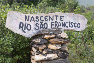 Signpost indicating the source of the San Francisco River, Serra da Canastra, Minas Gerais, Brazil