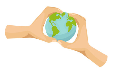 Save planet hands. Cartoon human hands hold different ecological symbols and elements, environment protection sign.