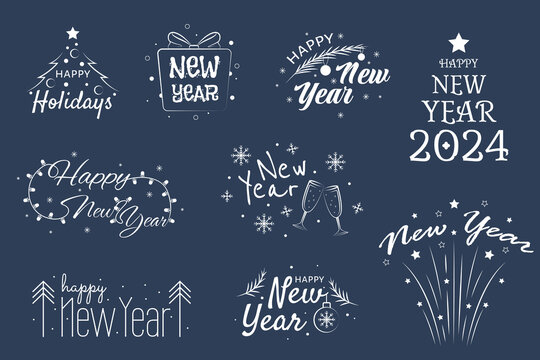 Happy new year typography signs. Vector Lettering Compositions collection. Christmas symbols 2024 Happy New Year. Bundle of festive Happy New Year inscriptions handwritten