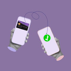 Two hands holding mobile phones transferring funds between accounts isolated on purple background....
