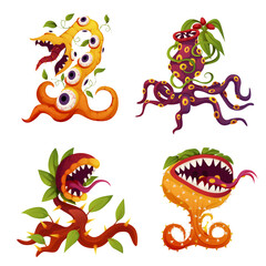 Carnivorous plant set, monster plants. Vector fantasy scary flower icons. Cartoon flytraps or flower predators. Angry flowers with teeth.
