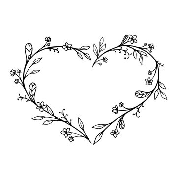 Valentine heart frame with flowers and leaves. Black linear set of flower, Hand painted bunch of flowers, flower and leaves isolated on white background