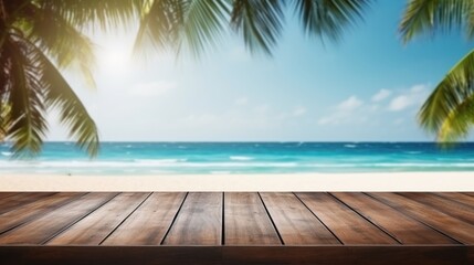 Fototapeta premium Dark wood floor top on blur tropical beach background, Advertisement, Print media, Illustration, Banner, for website, copy space, for word, template, presentation.