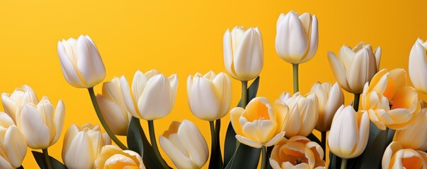yellow and white tulips on a bright yellow background