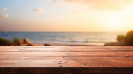 Fototapeta na wymiar The empty wooden table top with blur background of sea on sunrise, Advertisement, Print media, Illustration, Banner, for website, copy space, for word, template, presentation