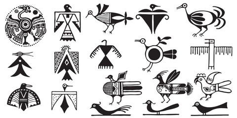 A set of tribal birds, black and white isolated vector.