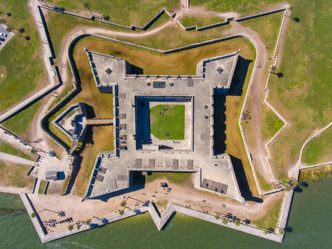 Castillo de San Marcos aerial view in St. Augustine, Florida FL, USA. This fort is the oldest and largest masonry fort in Continental United States and now is the US National Monument.