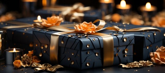 a black gift box surrounded by gold ribbons