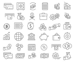 Bank and finance icon set. Business and corporation vector signs. Money Related Vector Line Icons.