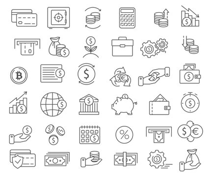 Bank and finance icon set. Business and corporation vector signs. Money Related Vector Line Icons.