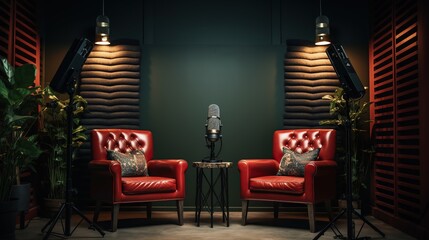 Studio room for podcast and interviews with chair, microphone and lighting. Generative AI