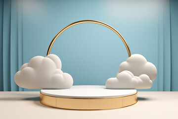 The abstract 3D rendering model of a gold platform with a gold circle arch and white clouds standing. Generative AI.