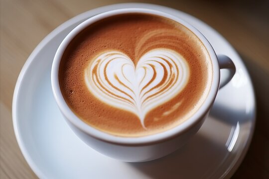 Naklejki Romantic cup of latte coffee with heart shaped art on foam, top view, love background