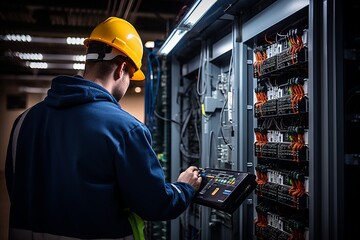 Experienced male electrician installing equipment in switchboard with precision and expertise
