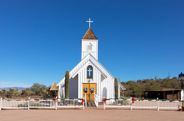 Old Elvis Chapel, Church From Arizona's Mining Days in Superstition Mountains, Near Phoenix, Apache Junction, Ghost Town of Goldfield. Blue Sky, Cactus. Horizontal Plane