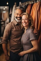 Stylish couple smiling in a cozy fashion boutique