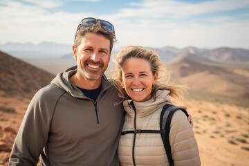 Content couple in casual wear in desert landscape