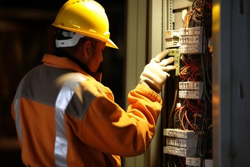 Experienced electrician using a flashlight to check the switchboard during a power outage - obrazy, fototapety, plakaty