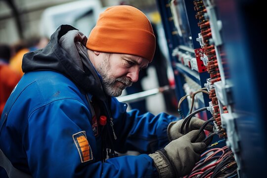 Experienced male electrician carefully installing equipment in switchboard with expertise