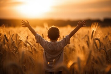 Fototapeta na wymiar silhouette with a boy with his arms outstretched towards the sun in the sunset landscape in a wheat field 