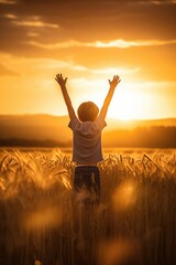 silhouette with a boy with his arms outstretched towards the sun in the sunset landscape in a wheat field
 - obrazy, fototapety, plakaty
