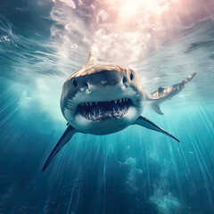 The majesty of the ocean, the shark gracefully approaches the camera, embodying the impressive...