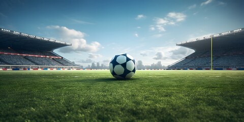 textured soccer game field with ball in front of the soccer goal. - center