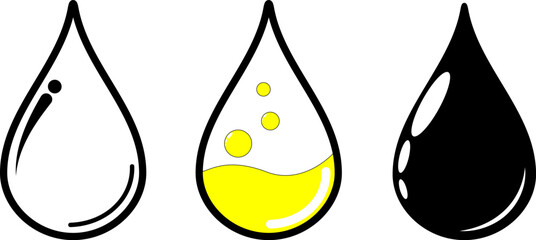 Drop Icon. droplets of Water, Sunflower oil, and Petroleum.