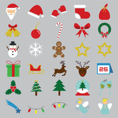 Fototapeta premium 30 Colored Christmas Icons - Santa Claus, Hat, Gloves, Boot, Bag, Gift Box, Sleigh, Reindeer, Bells, Trees, Snow, Stars, Angels and other decorations.