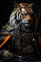 Fototapeta na wymiar An armored tiger strikes an adorable pose in this unique portrait, combining fantasy and charm in a delightful stock photo.
