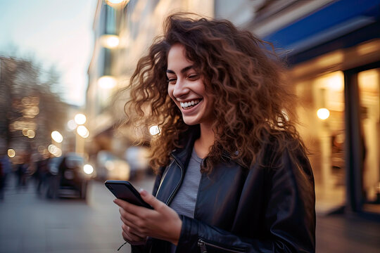 Image Generated With AI. Happy Beautiful Woman Walking And Writing Or Reading Sms Messages On Line On A Smart Phone While The Wind Moves Her Hair In A Street Of A Port