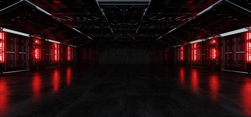 Dark Underground Futuristic Sci Fi Warehouse Hangar Concrete Metal Structure Alien Tunnel Corridor Huge Room Glowing Red Lights Cyber Stage Showroom Parking 3D Rendering