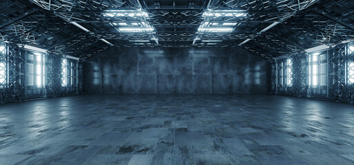 Futuristic Sci Fi Massive Warehouse Hangar Concrete Metal Structure Alien Tunnel Corridor Huge Room Glowing Lights Cyber Stage Showroom Parking 3D Rendering