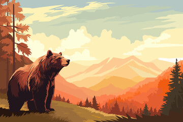 Grizzly bear in a beautiful forest against the backdrop of high mountains. Stunning wildlife landscape with a bear. Vector illustration for design, poster, banner, card, cover. - obrazy, fototapety, plakaty