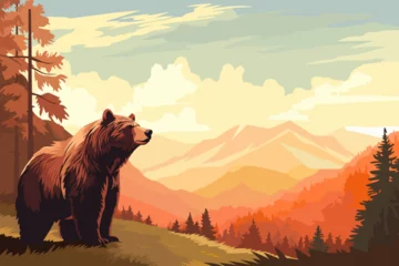 Foto op Canvas Grizzly bear in a beautiful forest against the backdrop of high mountains. Stunning wildlife landscape with a bear. Vector illustration for design, poster, banner, card, cover. © LoveSan