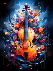 Violin and flowers on a dark background, music poster design. - obrazy, fototapety, plakaty