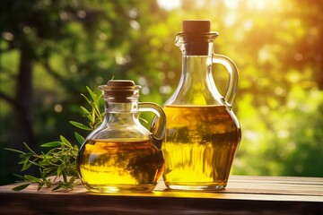 Delicious homemade olive oil on defocused background with copy space for text placement