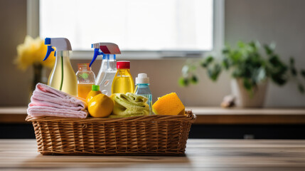 Basket of chemical and alternative eco detergent, cleaning and laundry products on a table with towels and window background. Front view. Horizontal composition.
