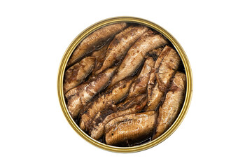 Sprats fish in a metal jar isolated on a white background with clipping path. Top view. Sprats in a...