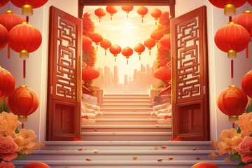 Chinese illustration. Stairs in asian new year or spring entry realistic greeting poster, red lanterns, curtains traditional festive china lunar calendar - obrazy, fototapety, plakaty