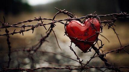 A red heart symbol wrapped in barbed wire fence. Valentines day and love concept.