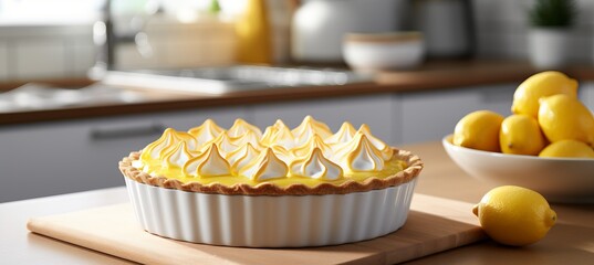 Homemade lemon meringue pie and lemon desserts in a kitchen with defocused background and copy space - obrazy, fototapety, plakaty