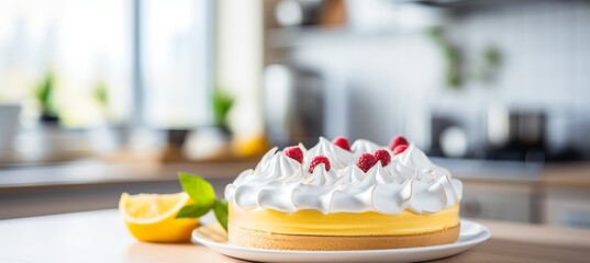 Obraz na płótnie Canvas Homemade lemon meringue pie and desserts on blurred kitchen background for text placement