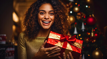 Portrait of a woman with a Christmas gift in her hands and an exciting look