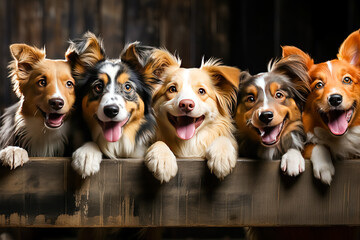 Canine camaraderie, A group of dogs against a dark backdrop, capturing the essence of unity and charm. Perfect stock photo for dog lovers.