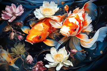 Zen serenity, Beautiful koi fish glide through a lake adorned with water lilies, creating a tranquil tableau. A mesmerizing stock photo capturing natures grace.