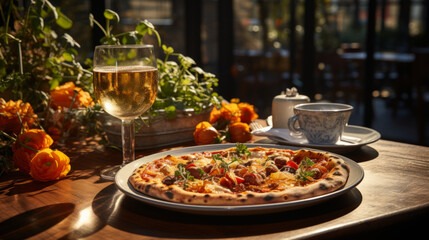 A delicious and tasty Italian pizza with tomatoes and mozzarella on a beautifully served table.