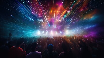 A crowd at a concert, illuminated by multicolor stage lights that create a vortex of light